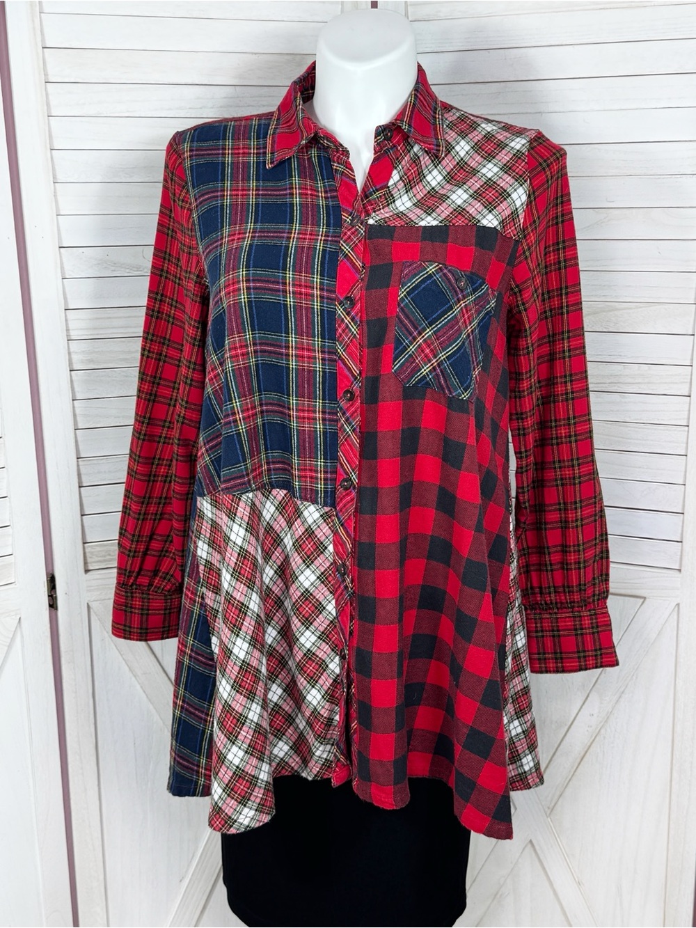 John Mark Multi Plaid Patchwork Flared Tunic Flannel‎ Shirt Red Blue Large